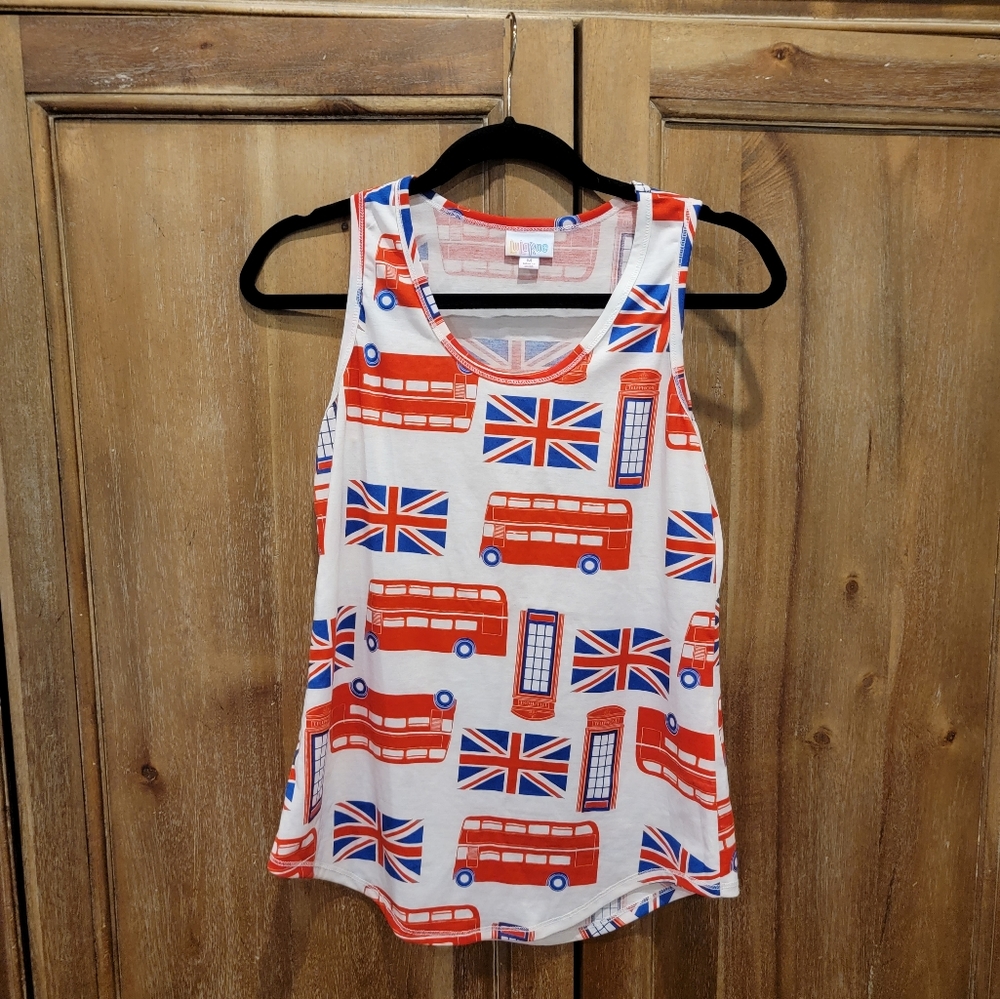 LuLaRoe British London Union Jack Flag, Bus, & Telephone Tank Top size Medium